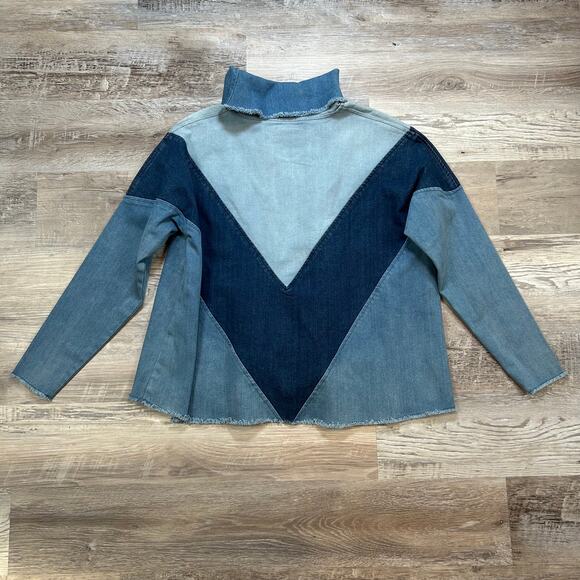 Ella Moss Denim Patchwork Funnel Neck Top Blue Colorblock Soft Grunge XS - Picture 2 of 7